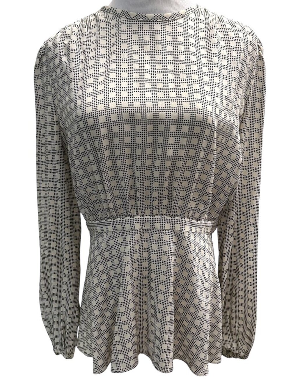 CO Women's Size M Medium Plaid Zip Back Long Sleeve 100% Silk Blouse Black Ivory